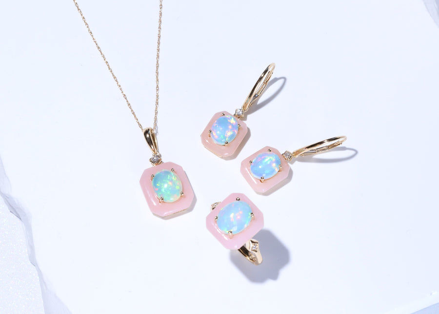 Gin and Grace 14K Pink Opal Earring, Pendant and Ring Set