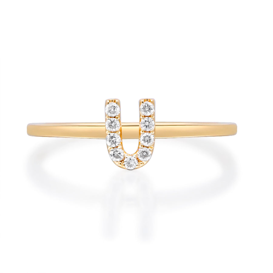 U Initial 14K Yellow Gold Round-Cut White Diamond Ring