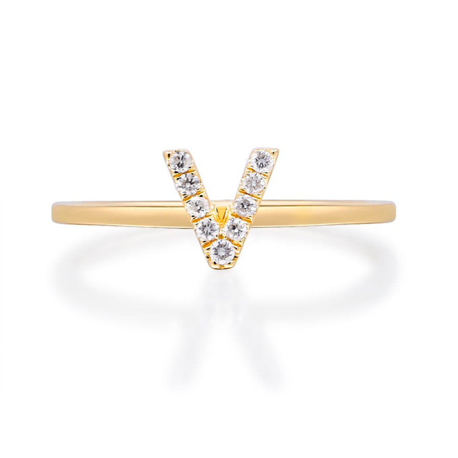 V Initial 14K Yellow Gold Round-Cut White Diamond Ring