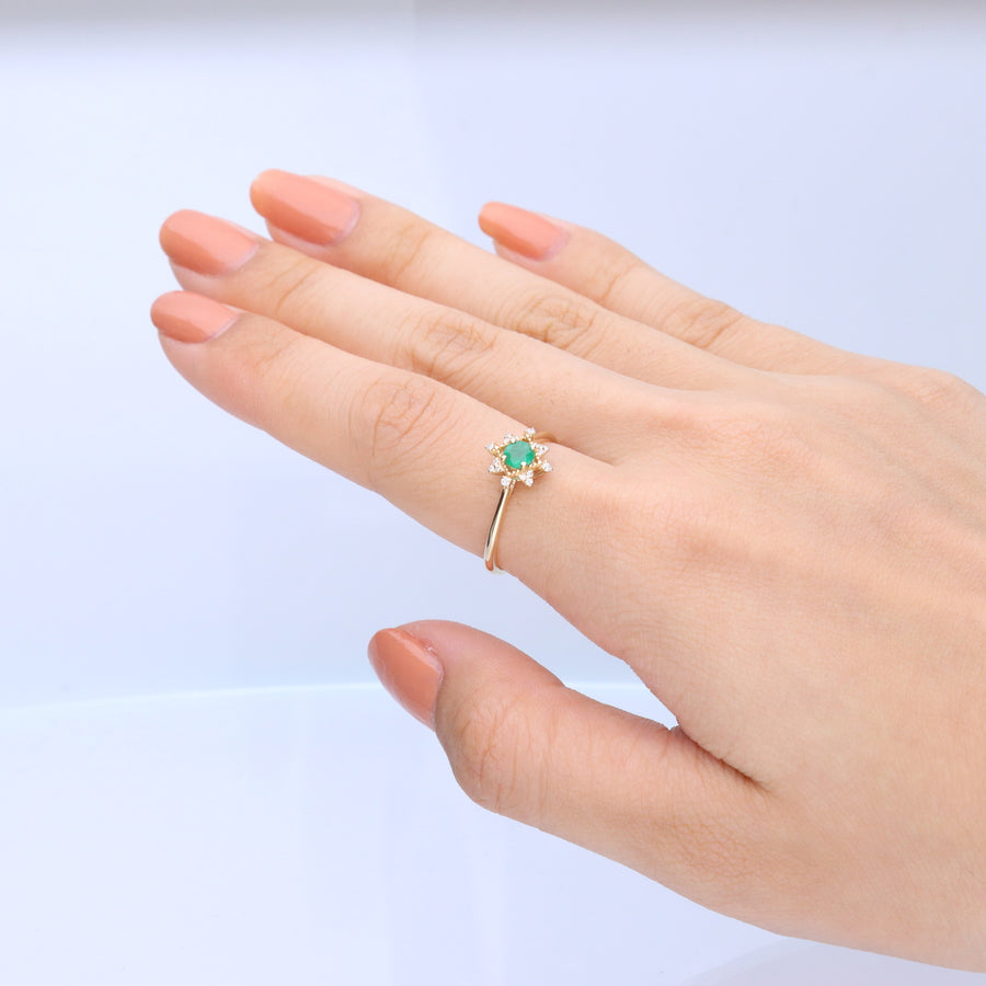 Enchanting Beauty: Esmeralda 14K Yellow Gold Ring with Round-Cut Natural Zambian Emerald