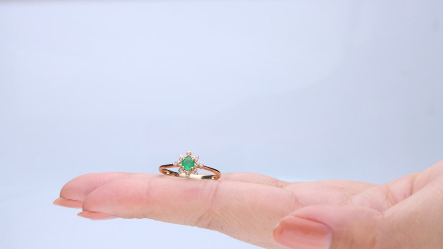 Enchanting Beauty: Esmeralda 14K Yellow Gold Ring with Round-Cut Natural Zambian Emerald