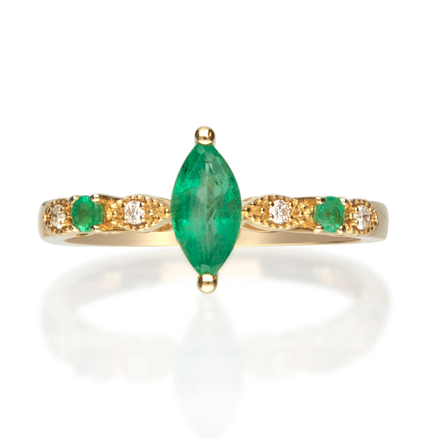 Radiant Beauty: Remi 14K Yellow Gold Marquise Cut Natural Zambian Emerald Ring