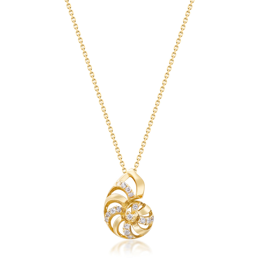 Gin and Grace in collaboration with Smithsonian Museum Collection presents a serene seashell pendant in 14K Yellow gold and Diamond for exclusive everyday look