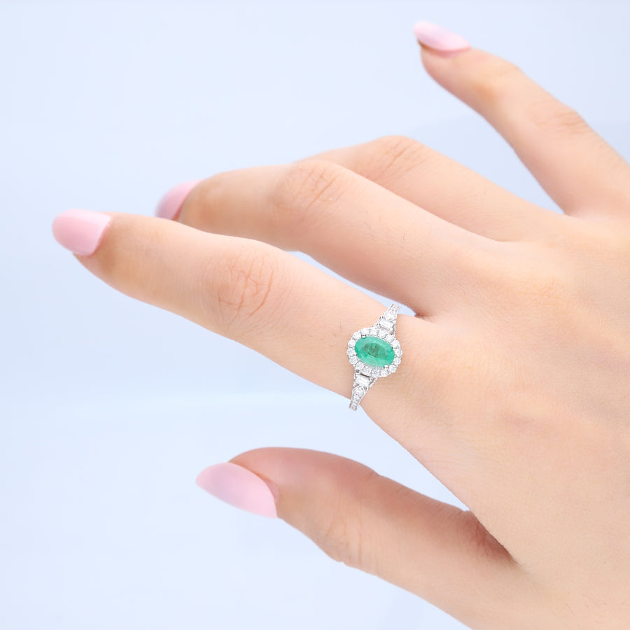 Whimsical Elegance: Alaya 14K White Gold Oval-Cut Natural Zambian Emerald Ring